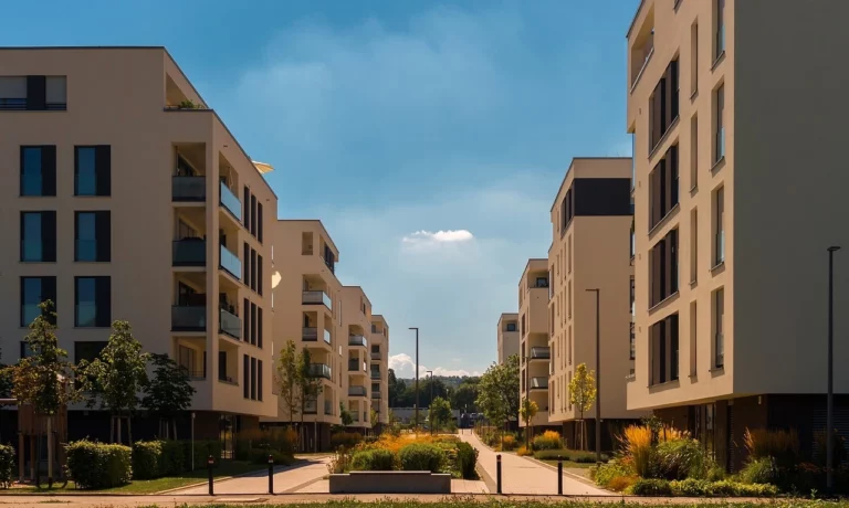Ein moderner Wohnkomplex mit mehreren weißen Gebäuden, die Balkone mit Glasgeländern und große Fenster aufweisen. Die Gebäude sind von gepflegten Grünflächen, Bäumen und gepflasterten Wegen umgeben. Der Himmel ist klar und blau, und die Szene wirkt ruhig und einladend.