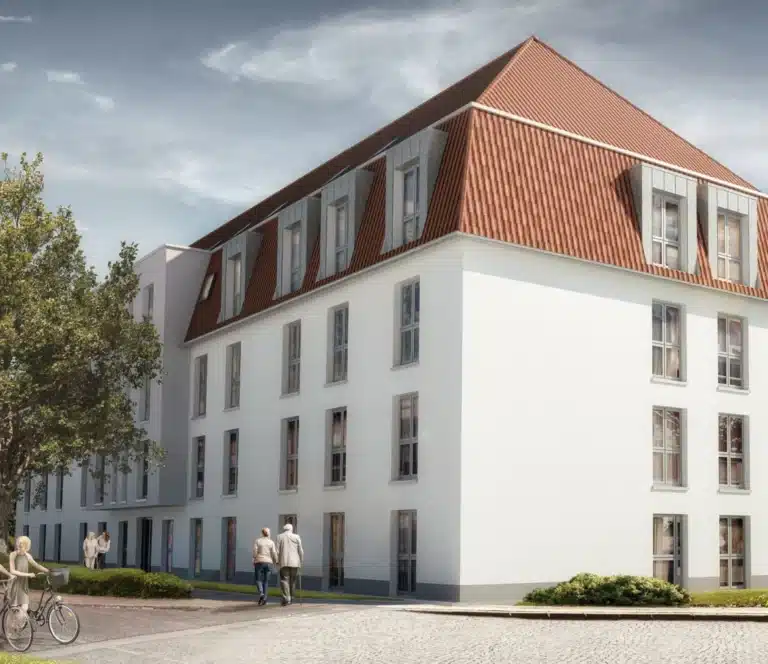 Ein weißer Wohnbau mit einem roten Ziegeldach und mehreren Stockwerken, die rechteckige Fenster mit grauen Rahmen aufweisen. Der Bau hat eine moderne Architektur mit einem Gehweg aus Kopfsteinpflaster vor dem Gebäude. Zwei Personen, eine mit einem Gehstock und eine auf einem Fahrrad, sind auf dem Gehweg zu sehen. Grüne Bäume und Büsche rahmen das Bild ein, und der Himmel ist teilweise bewölkt.